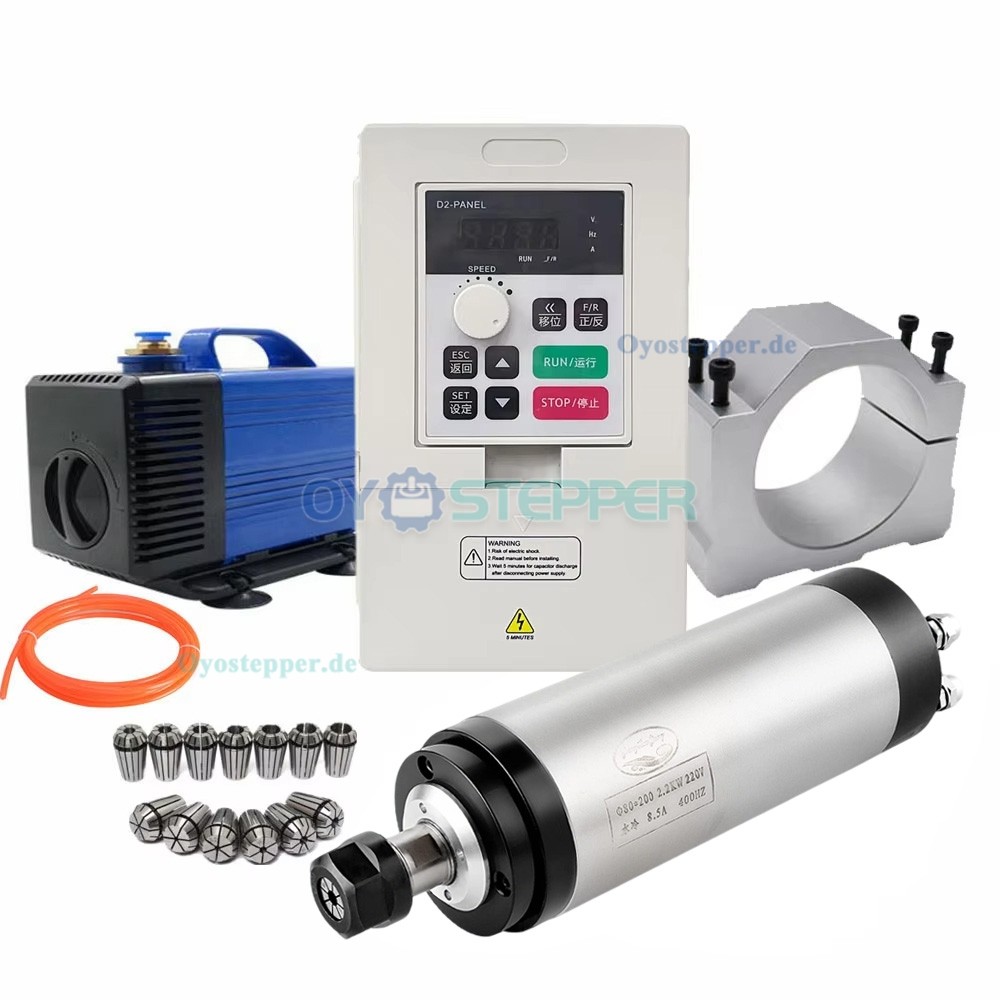 Wassergek&uuml;hltes CNC HF-Spindel-Set 2,2kW &Oslash;65mm ER11 mit Frequenzumrichter und K&uuml;hlwasserpumpe